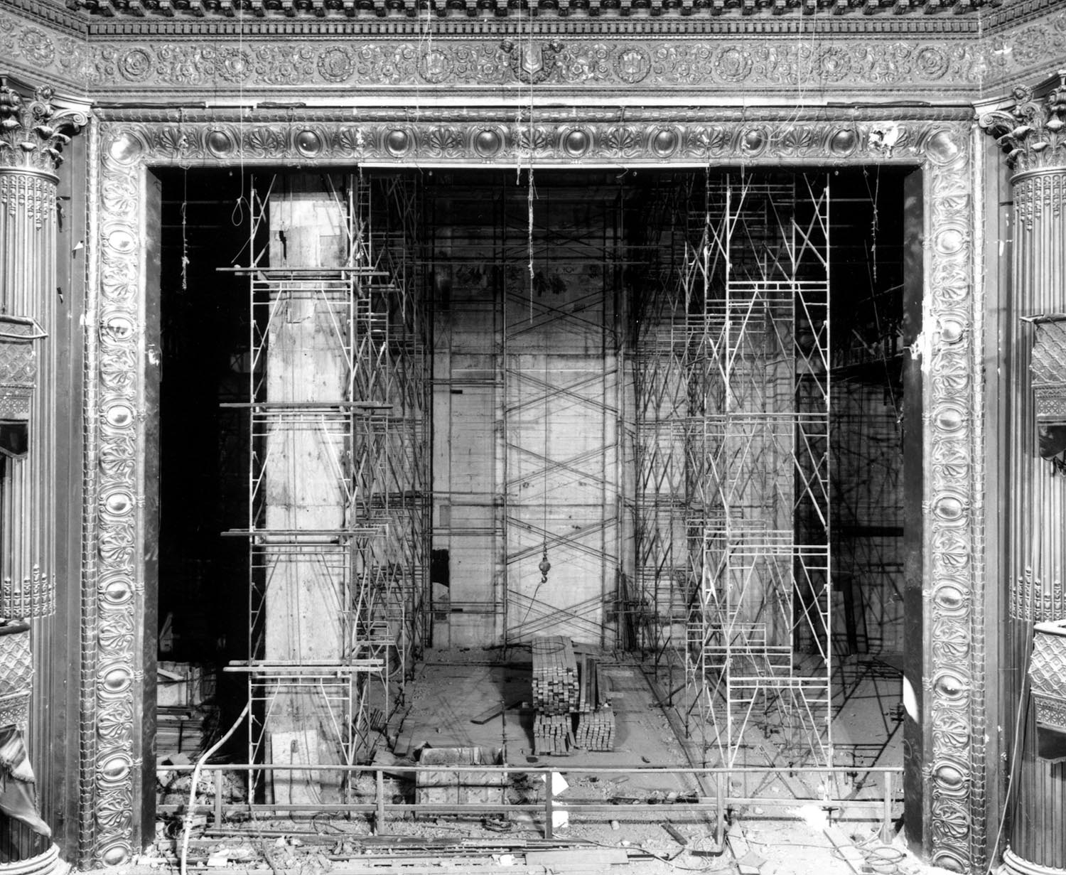 Interior view of lavish Geary Theater in San Francisco, CA with scaffolding and construction materials during renovation